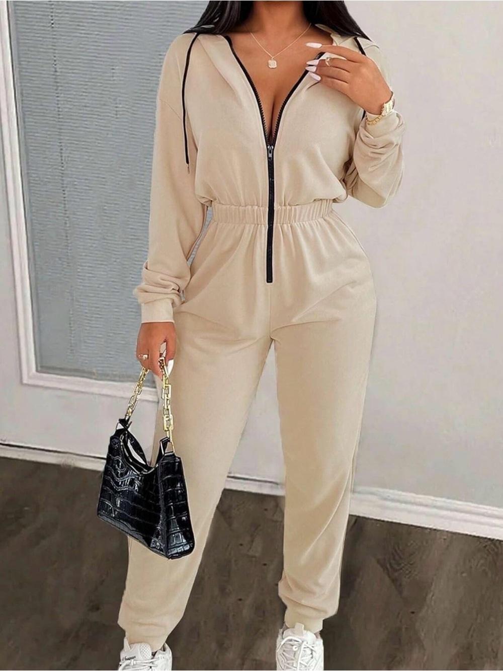Women's Zip Up Hooded Jumpsuit Drawstring Long Sleeve Overall with Pockets - Picture 4 of 4